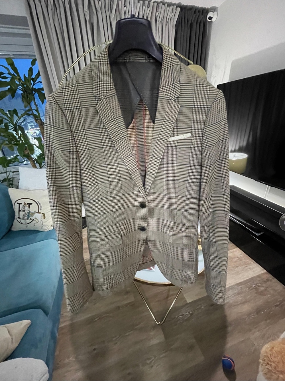 Zara Men's Glen Plaid Blazer in Beige and Brown